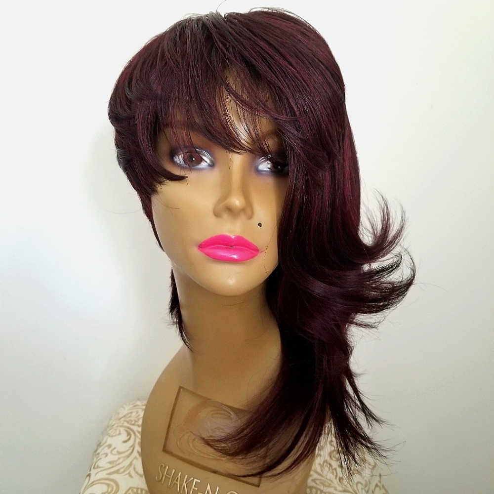 Dark Red Short Cut Asymmetric Bob Human Blend Wig
